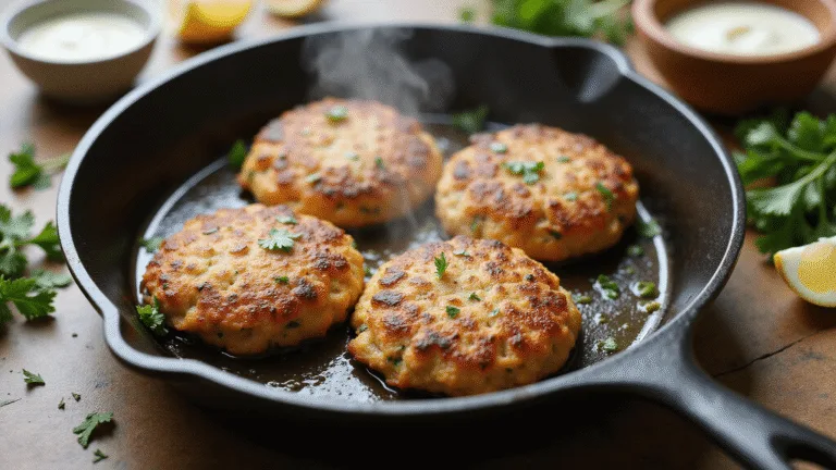 Overhead shot of golden-brown salmon patties sizzling in a cast iron skillet, with steam rising and olive oil glistening. Patties are flecked with green parsley and diced onions, surrounded by fresh parsley sprigs, lemon wedges, a ramekin of tartar sauce, and a vintage wooden spatula. Soft natural lighting highlights the crispy texture of the patties against a warm color palette.