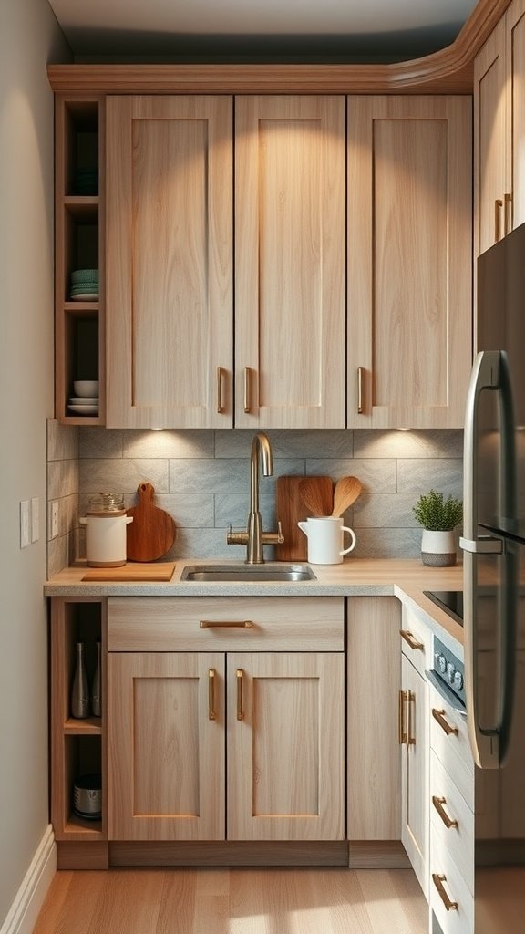 A cozy tiny cottage kitchen featuring custom wooden cabinets, open shelving, and modern hardware.