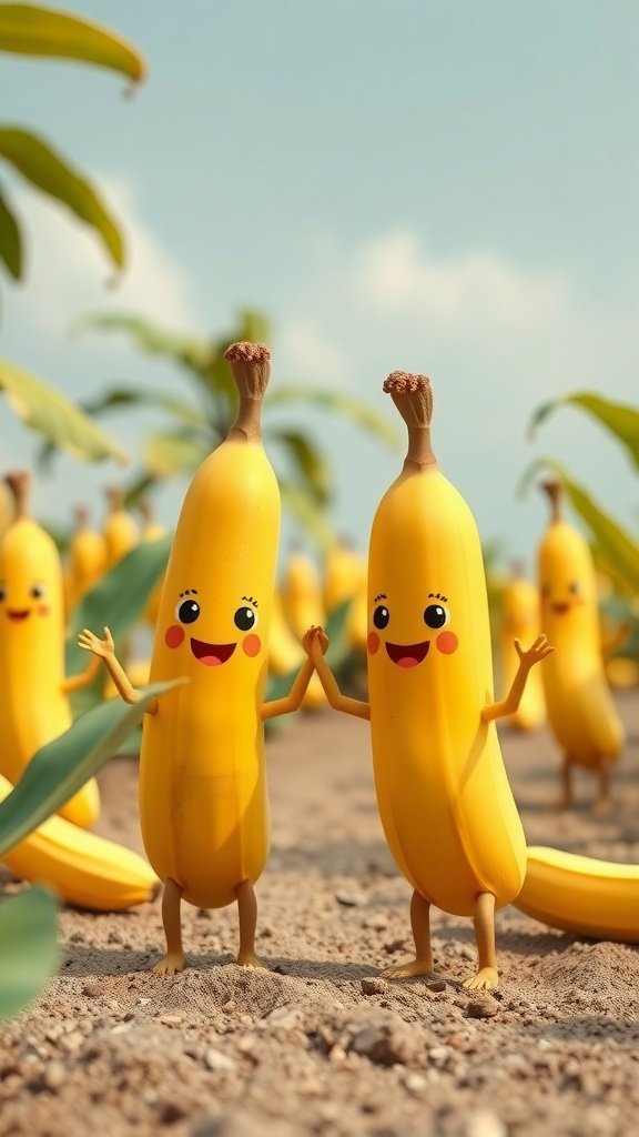 Two cute banana characters holding hands in a field of bananas