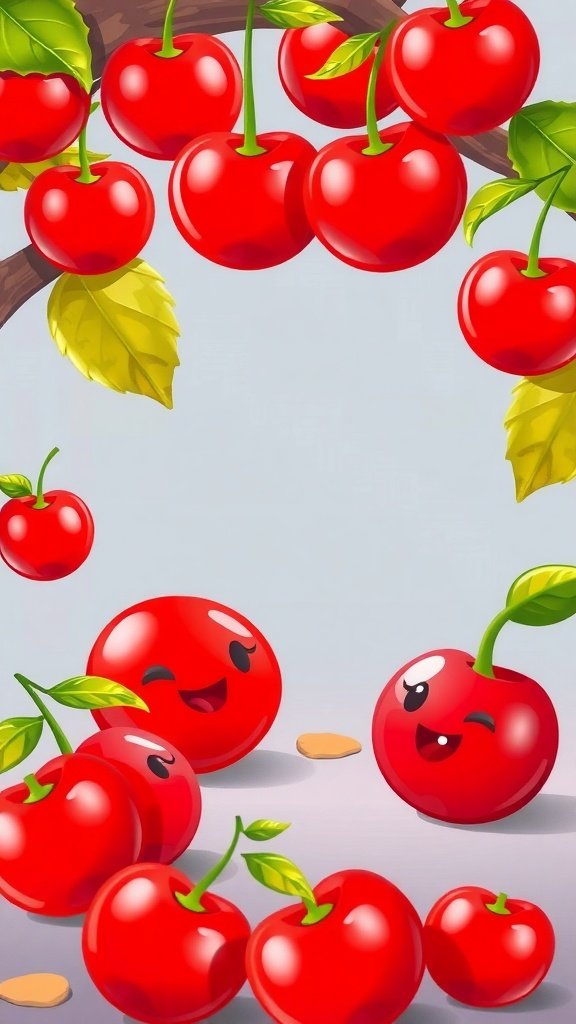 Cute cartoon cherries with happy faces on a phone wallpaper