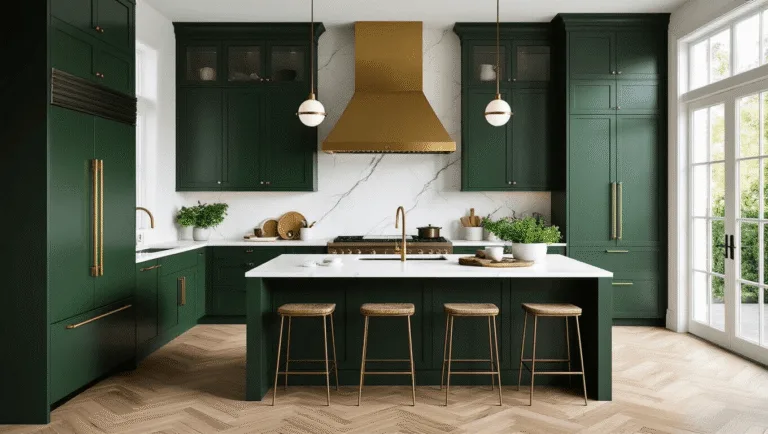 Photorealistic interior of a luxurious dark green contemporary kitchen with brass accents, veined quartz countertops, and large windows, showcasing a spacious island adorned with artisanal ceramics and herbs, illuminated by warm pendant lights.