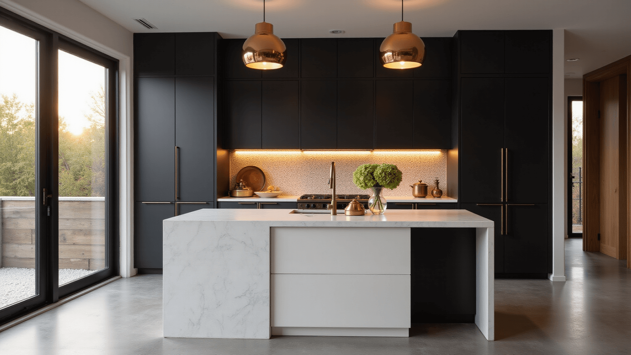 A contemporary kitchen bathed in warm morning light, featuring matte black cabinets, a white quartz island, brass pendant lights, and zellige tile backsplash, complemented by copper cookware and fresh hydrangeas.