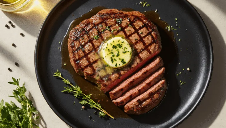 A perfectly seared Denver steak topped with melting herb butter on a matte black plate, showcasing grill marks and a rosy medium-rare center, surrounded by fresh herbs and coarse black pepper, illuminated by warm evening light.