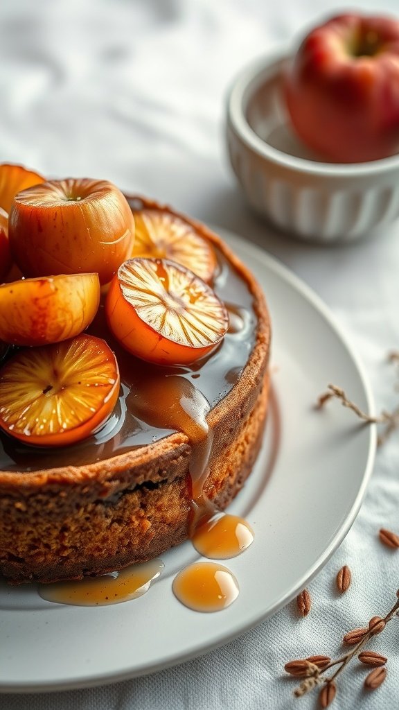 A delicious dessert featuring a cake topped with shiny caramel apples, served on a white plate with a bowl of apples in the background.