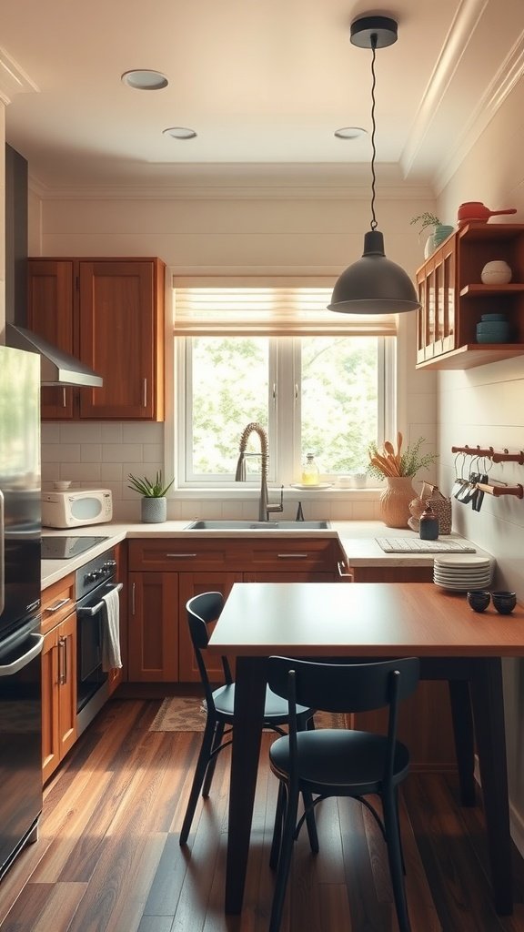 A cozy and efficient tiny cottage kitchen with wooden cabinets, a small dining table, and natural light from a window.