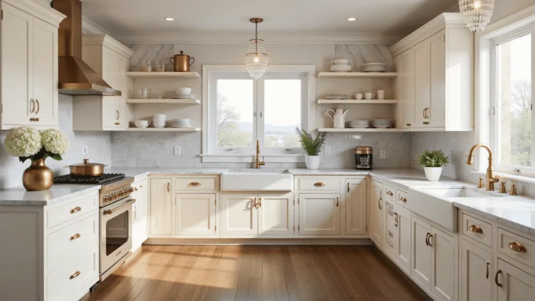 A luxurious traditional kitchen featuring cream Shaker-style cabinets, Calacatta marble countertops, and walnut hardwood floors, illuminated by natural light through large windows, with elegant brass hardware and crystal pendant lights.