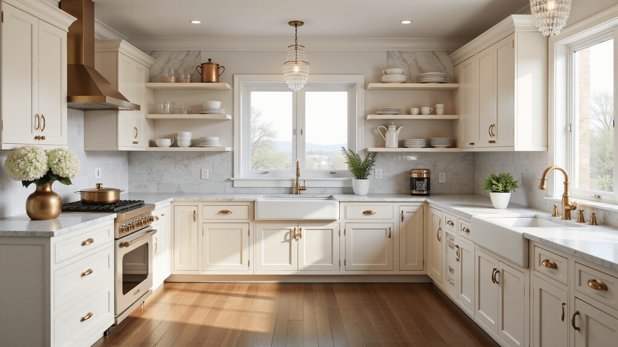 A luxurious traditional kitchen featuring cream Shaker-style cabinets, Calacatta marble countertops, and walnut hardwood floors, illuminated by natural light through large windows, with elegant brass hardware and crystal pendant lights.