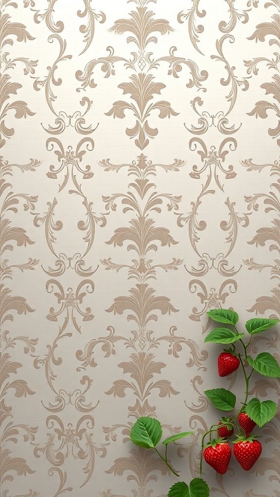 Elegant strawberry damask wallpaper with strawberries and leaves