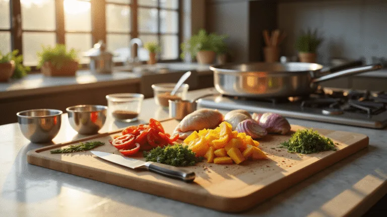 Photorealistic kitchen scene during meal prep with vibrant ingredients on a marble countertop, including diced bell peppers, onions, fresh herbs, and seasoned chicken thighs, surrounded by a professional chef's knife, stainless steel measuring cups, and glass spice bowls, all bathed in warm golden hour lighting.