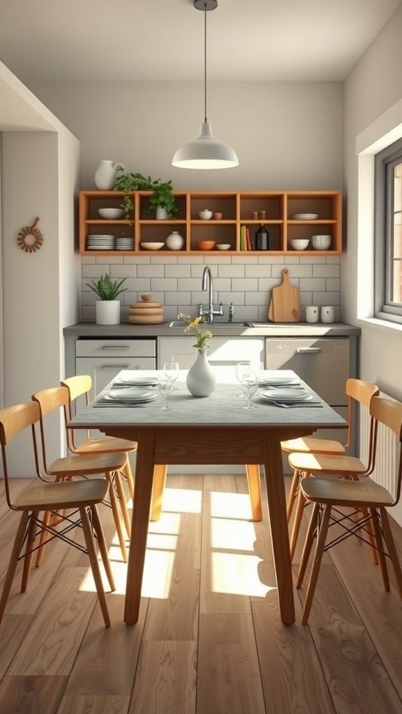 A cozy tiny cottage kitchen featuring a foldable table and wooden chairs.