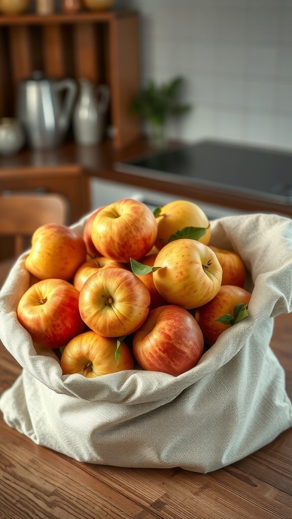 A cloth bag filled with freshly picked apples, showcasing their vibrant colors and freshness.