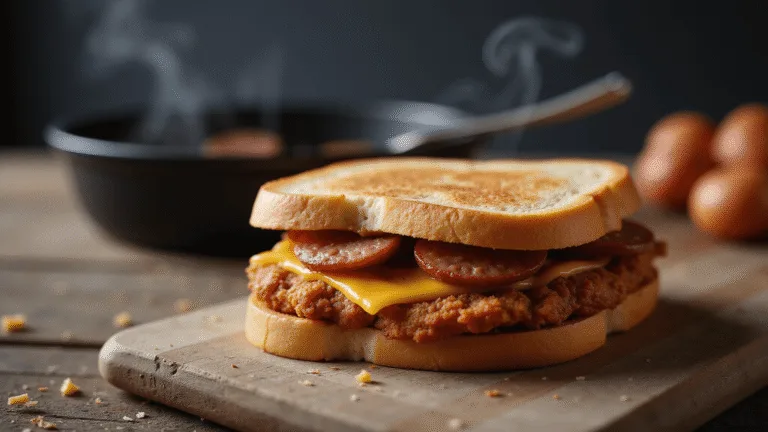 Close-up of a golden-brown fried bologna sandwich with melted American cheese on rustic wooden cutting board, featuring crispy edges, yellow mustard, and scattered crumbs, with dramatic side lighting and a cast iron skillet in soft focus.