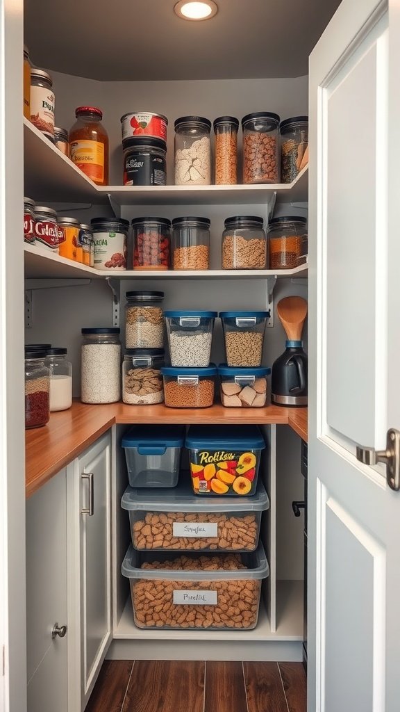 Organized pantry with clear containers and labeled bins in a tiny cottage kitchen.