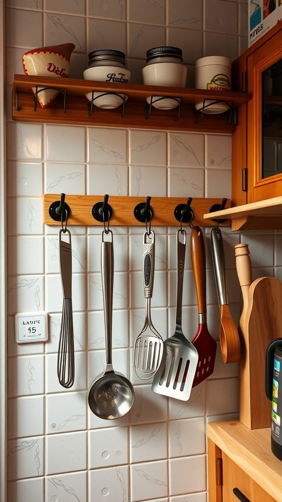 A cozy cottage kitchen with a wooden shelf and hooks displaying various kitchen utensils.