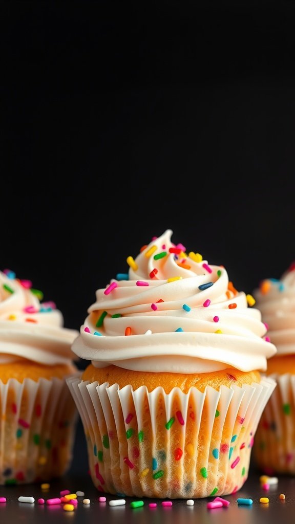 Colorful funfetti cupcakes with white frosting and rainbow sprinkles