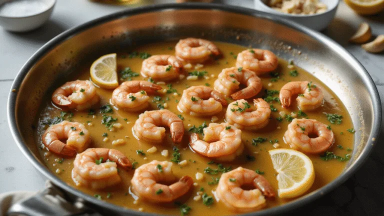 Aerial view of sizzling jumbo shrimp in a stainless steel skillet, covered in golden butter-wine sauce, garnished with parsley, minced garlic, and lemon wedges, with steam rising in warm directional light.