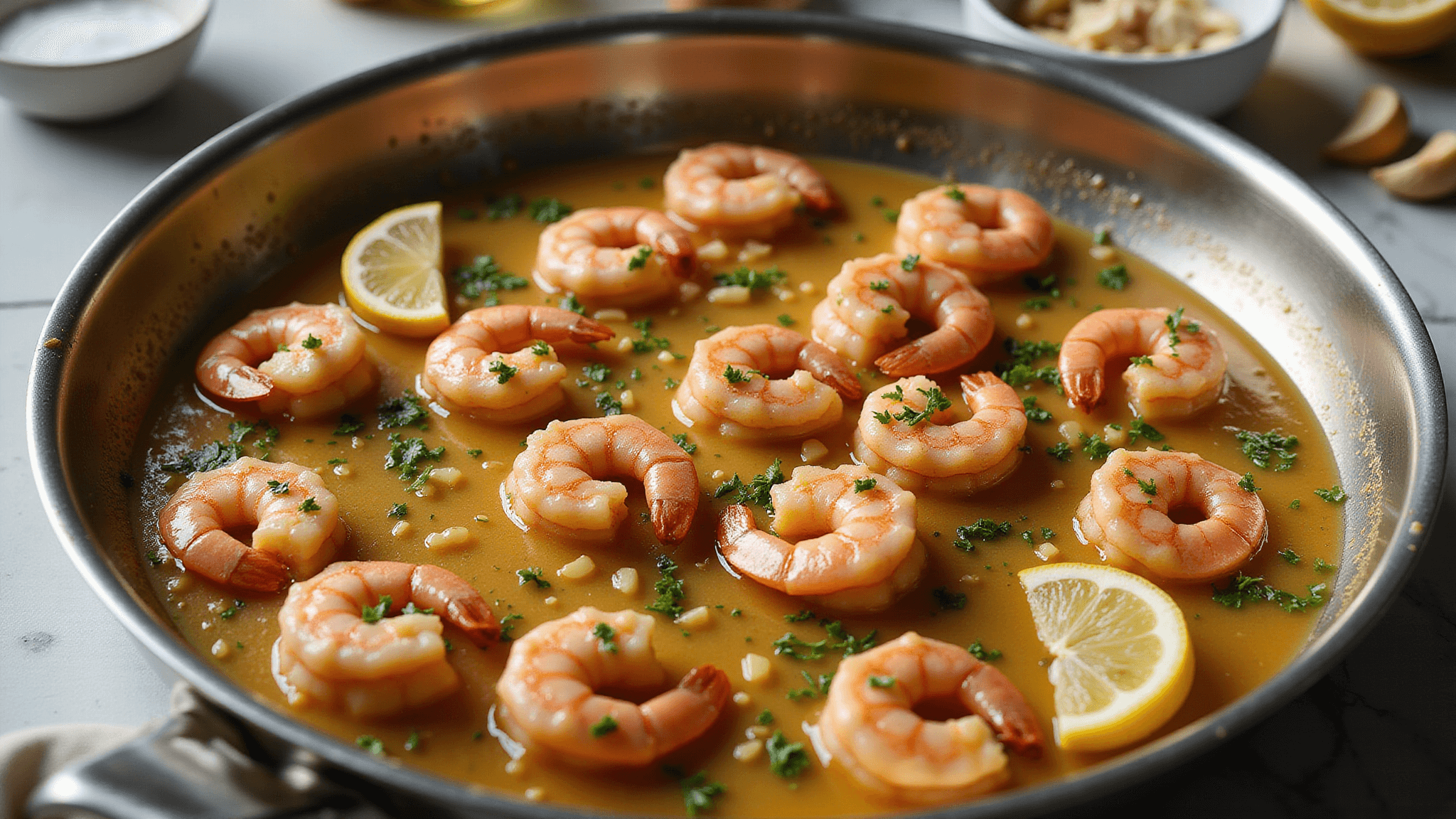 Aerial view of sizzling jumbo shrimp in a stainless steel skillet, covered in golden butter-wine sauce, garnished with parsley, minced garlic, and lemon wedges, with steam rising in warm directional light.