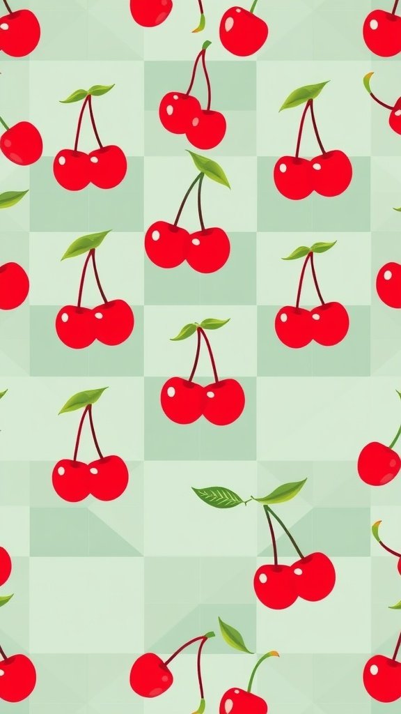 A geometric pattern of red cherries with green leaves on a light green background.