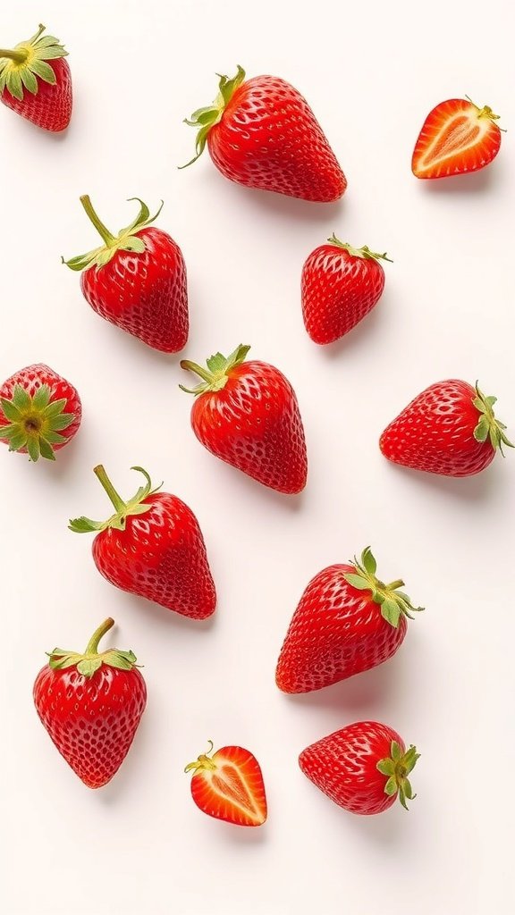 A collection of strawberries in various shapes and sizes on a light background.