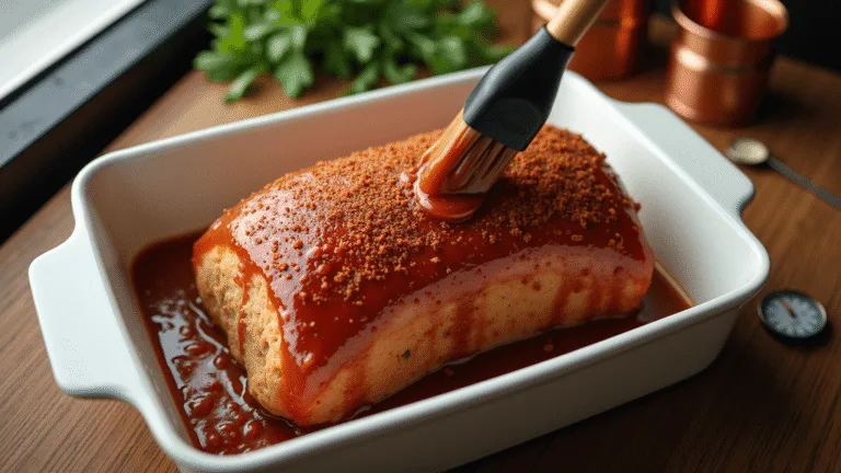 Overhead view of a glazed ham loaf in a baking dish, rich caramel glaze dripping, steam rising, with paprika-dusted top and chopped onion, set on a rustic wooden counter with fresh herbs and vintage kitchen tools in the background.