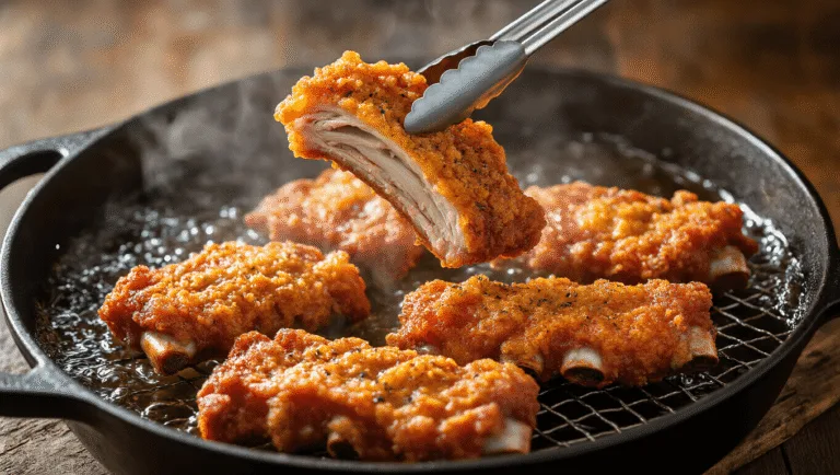 Close-up of golden-brown chicken fried ribs being lifted from bubbling oil, showcasing a textured coating with herbs and pepper, steam rising in backlight, and perfectly cooked ribs on a rustic wire rack, surrounded by fresh herbs and honey.