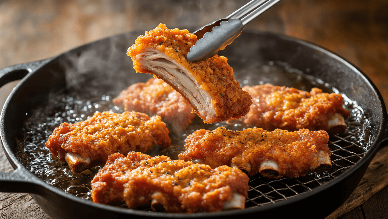 Close-up of golden-brown chicken fried ribs being lifted from bubbling oil, showcasing a textured coating with herbs and pepper, steam rising in backlight, and perfectly cooked ribs on a rustic wire rack, surrounded by fresh herbs and honey.