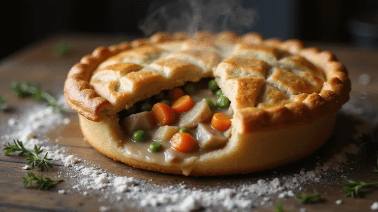 Photorealistic close-up of a rustic turkey pot pie with a golden-brown lattice crust, steam wafting, filled with turkey, carrots, peas, and potatoes on a weathered wooden surface, enhanced by fresh thyme and flour, in a warm, moody farmhouse kitchen setting.