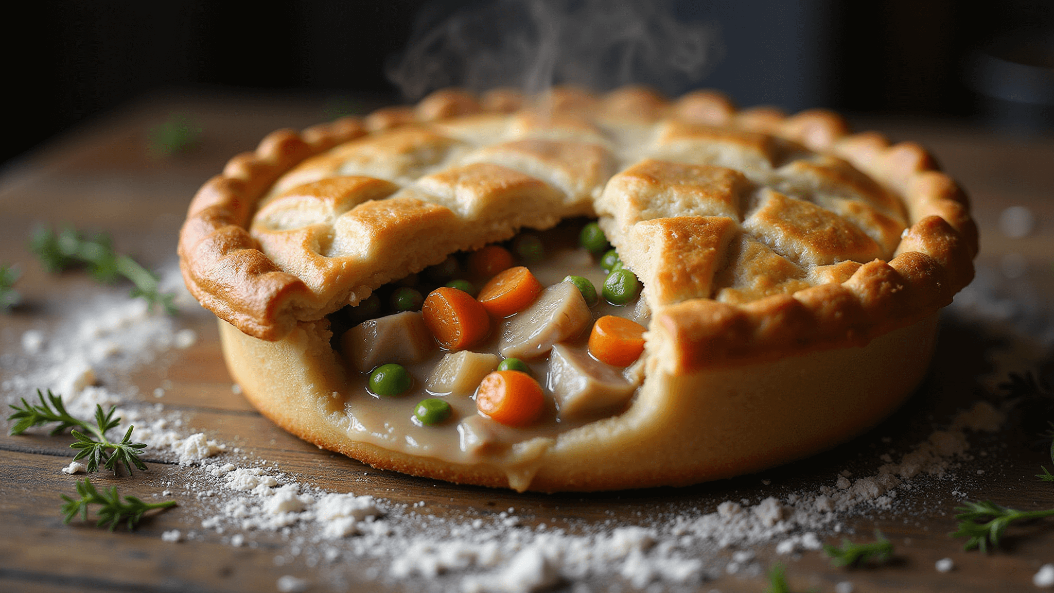 Photorealistic close-up of a rustic turkey pot pie with a golden-brown lattice crust, steam wafting, filled with turkey, carrots, peas, and potatoes on a weathered wooden surface, enhanced by fresh thyme and flour, in a warm, moody farmhouse kitchen setting.
