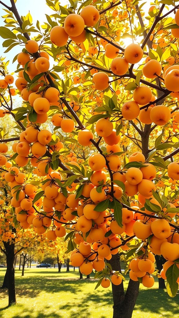 A close-up view of golden apples hanging from branches in a sunlit orchard