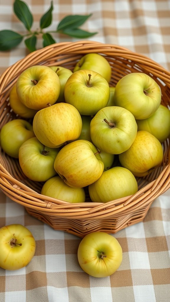 A basket filled with green Granny Smith apples on a checkered tablecloth.
