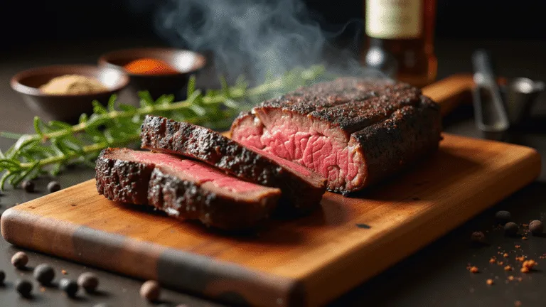A beautifully grilled tri-tip steak, sliced to reveal a medium-rare center, on a rustic wooden cutting board surrounded by fresh rosemary and spice ingredients, illuminated by warm golden hour light with dramatic shadows.