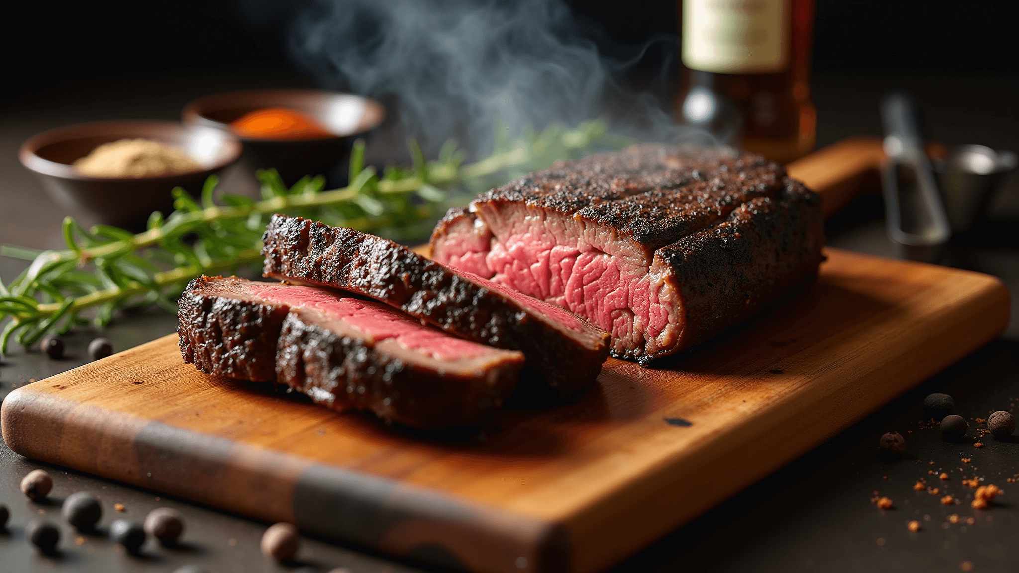 A beautifully grilled tri-tip steak, sliced to reveal a medium-rare center, on a rustic wooden cutting board surrounded by fresh rosemary and spice ingredients, illuminated by warm golden hour light with dramatic shadows.