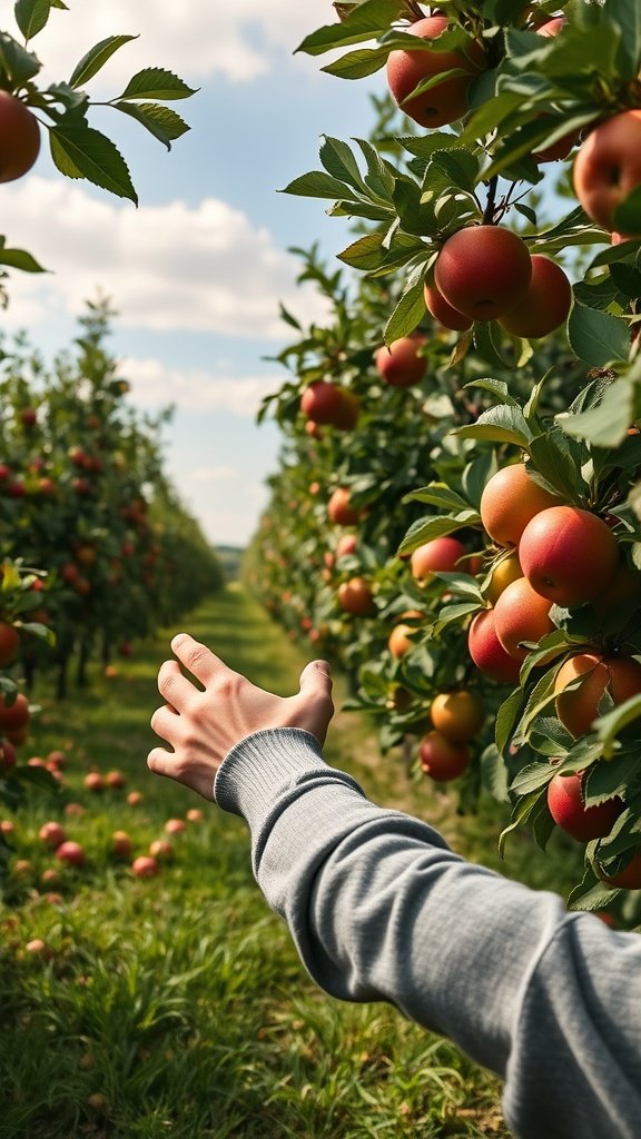 A hand reaching for ripe apples in a sunny orchard