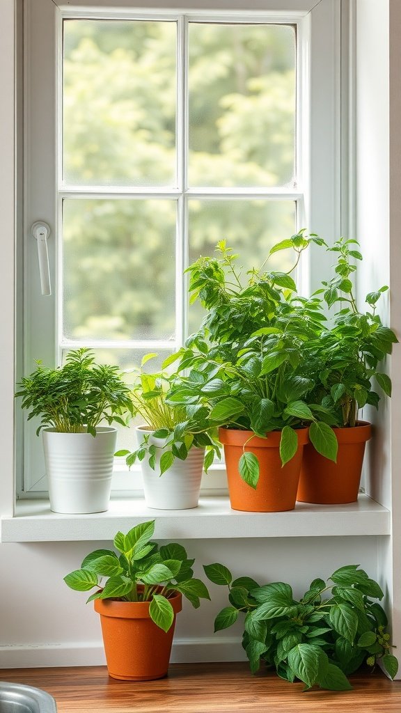 A bright windowsill with various potted herbs in a cozy kitchen