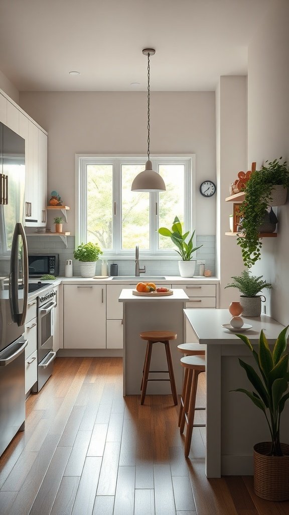 A cozy tiny cottage kitchen featuring a small island with stools, natural light, and plants.
