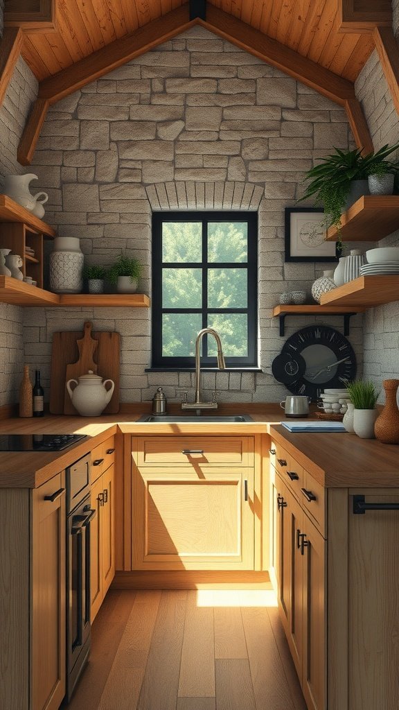 Cozy tiny cottage kitchen with wooden cabinets, stone walls, and plants