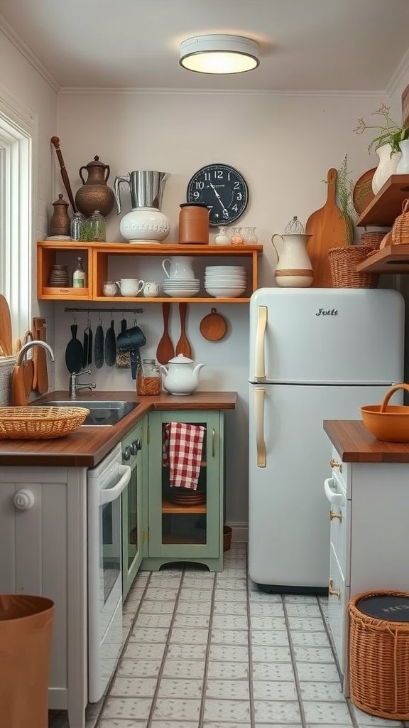 A cozy tiny cottage kitchen with vintage decor, featuring open shelves, a retro clock, and rustic utensils.