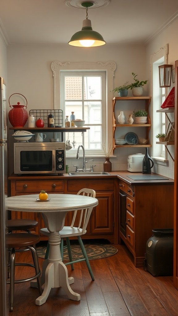 A cozy tiny cottage kitchen featuring vintage furniture, including a round table and mismatched chairs, wooden cabinets, and a green pendant light.