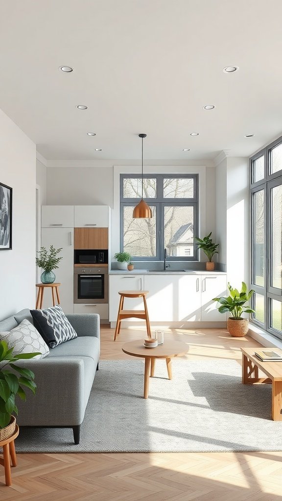 A bright and airy open concept kitchen and living area in a tiny cottage.