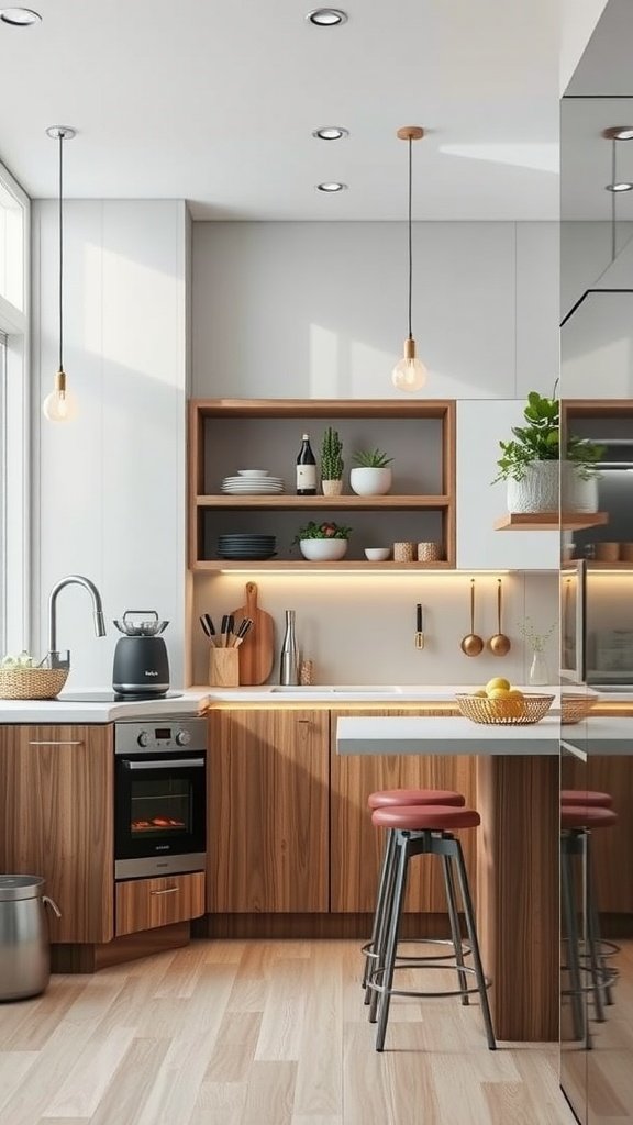 A modern tiny cottage kitchen featuring wooden cabinets, sleek appliances, and warm lighting.