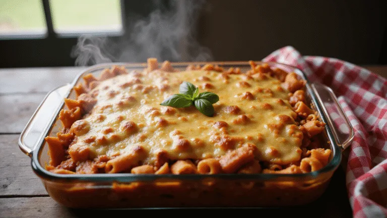 Photorealistic image of a steaming Johnny Marzetti casserole in a glass baking dish, featuring melted cheese, rotini pasta, and meat sauce, with natural light enhancing the textures and layers, against a dark wooden table and red-and-white checkered cloth.