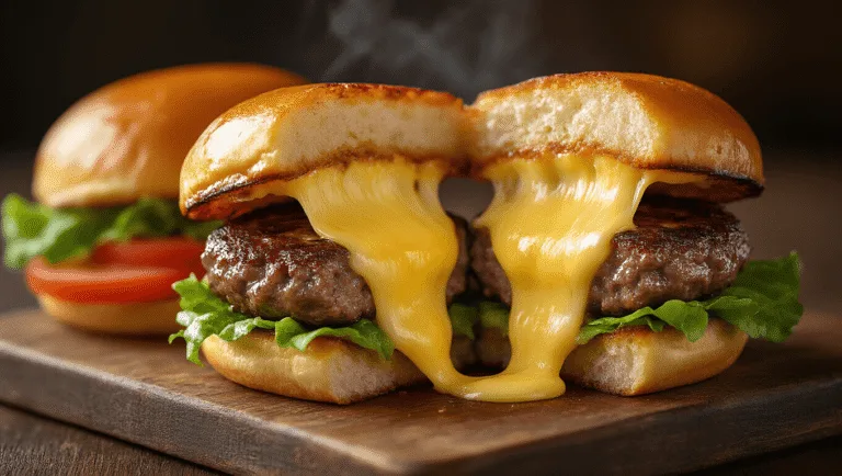 Photorealistic close-up of a Juicy Lucy burger being pulled apart, showcasing melted American cheese stretching from the center; featuring a seared beef patty with a deep brown crust, served on a wooden board with a toasted brioche bun, lettuce, and tomato, all highlighted by soft lighting and a shallow depth of field.