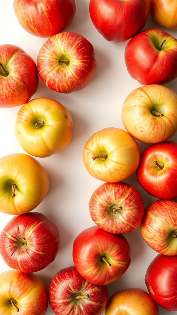 A variety of red and yellow apples arranged on a white background.