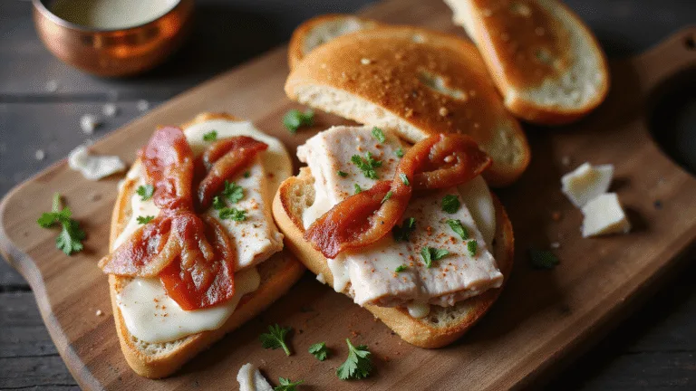 Photorealistic overhead shot of an elegant Kentucky Hot Brown sandwich on a rustic wooden board, featuring layers of carved turkey breast, creamy Mornay sauce, crispy bacon, and vibrant tomato slices, garnished with parsley and paprika, with a copper saucepan of Mornay sauce and cheese shavings in the background.