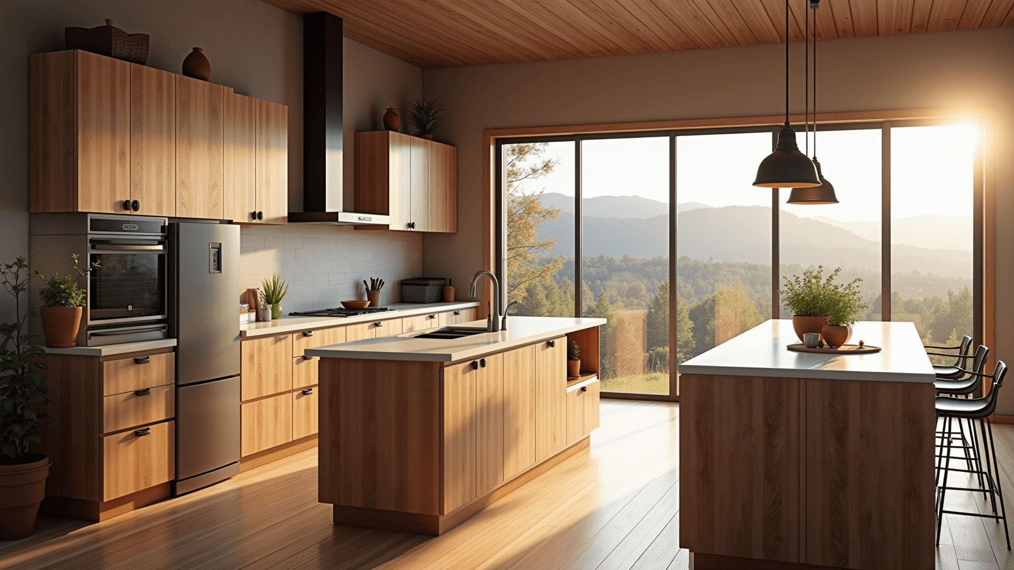 Photorealistic image of a spacious transitional kitchen featuring knotty alder cabinets with warm honey-brown tones, a white quartz waterfall island, and copper pendant lights. Morning light fills the space through large windows, highlighting artisanal pottery and fresh herbs. A backlit mountain landscape and dramatic shadows enhance the serene atmosphere.