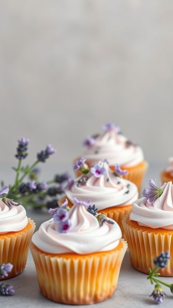 Lavender honey gender reveal cupcakes with floral decorations