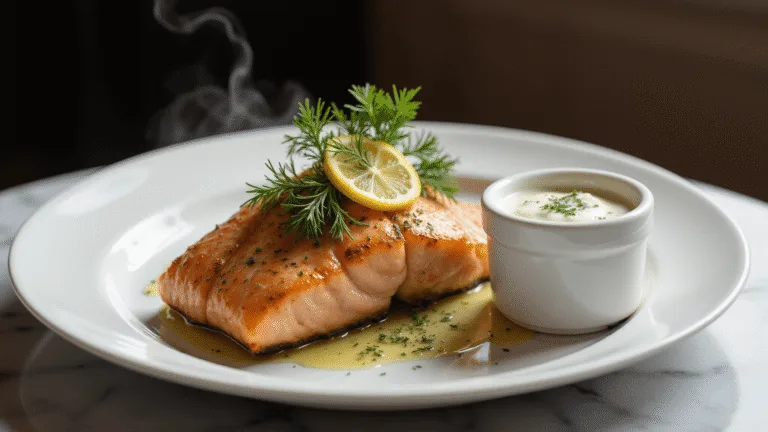 Photorealistic image of a plated salmon fillet with a golden-brown crust on a white ceramic plate, garnished with fresh dill, lemon wheels, and served with a creamy yogurt-dill sauce in a ramekin, captured in warm directional light with a dark background.