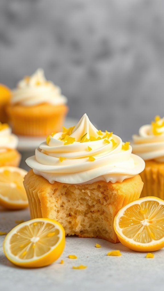 Lemon gender reveal cupcakes with a bite taken out, decorated with lemon zest.