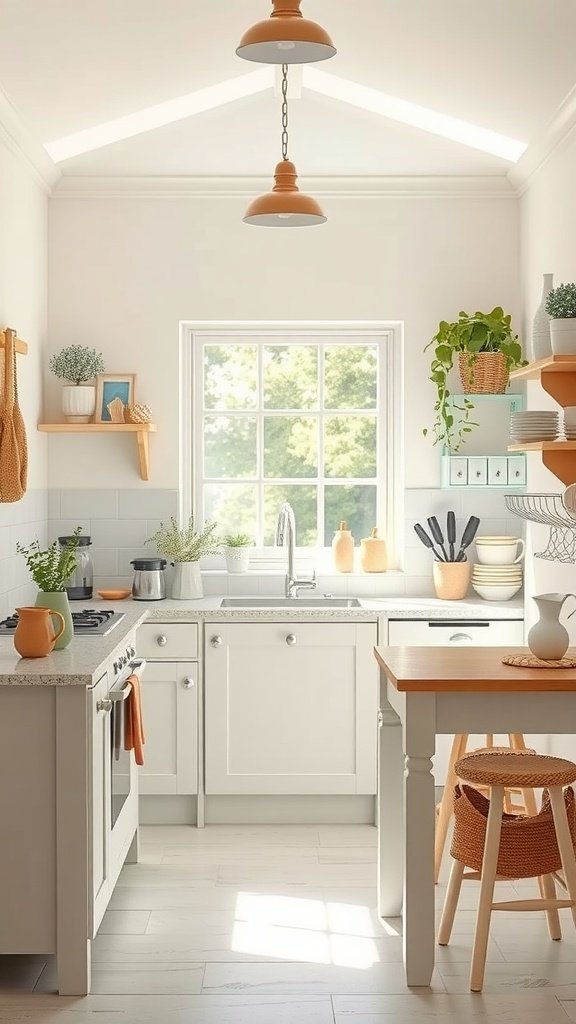 A bright and airy tiny cottage kitchen featuring light colors, natural light, and cheerful decor.