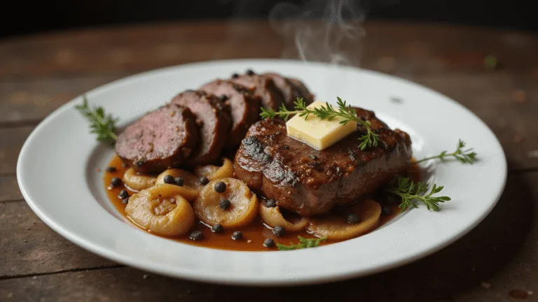Tender beef liver and caramelized onions in a rustic cast iron skillet with steam rising, garnished with fresh thyme and black pepper, set against a textured wooden surface in a moody vintage kitchen.